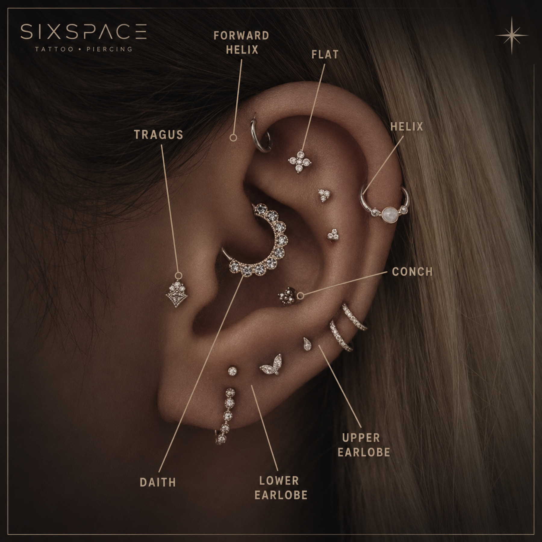 Kuratiertes Ear-Piercing-Styling bei Sixspace